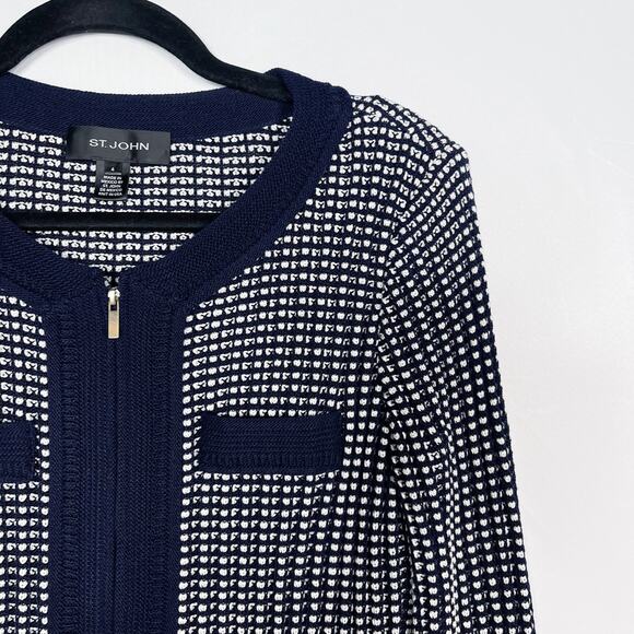 St. John 4 Navy Blue White Textured Knit Cardigan Sweater Zip Front Cotton Wool - Picture 3 of 10